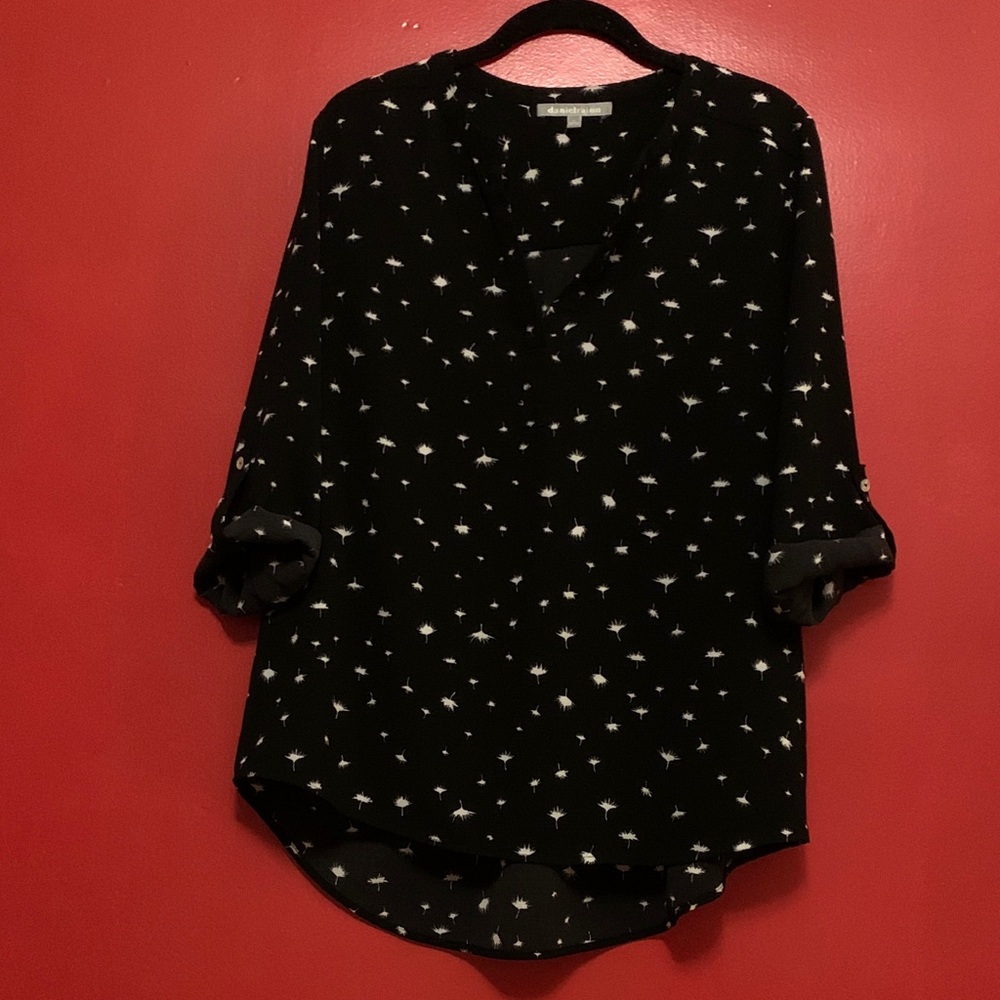 Daniel Rainn Black Blouse with White Dandelion Clock Pattern